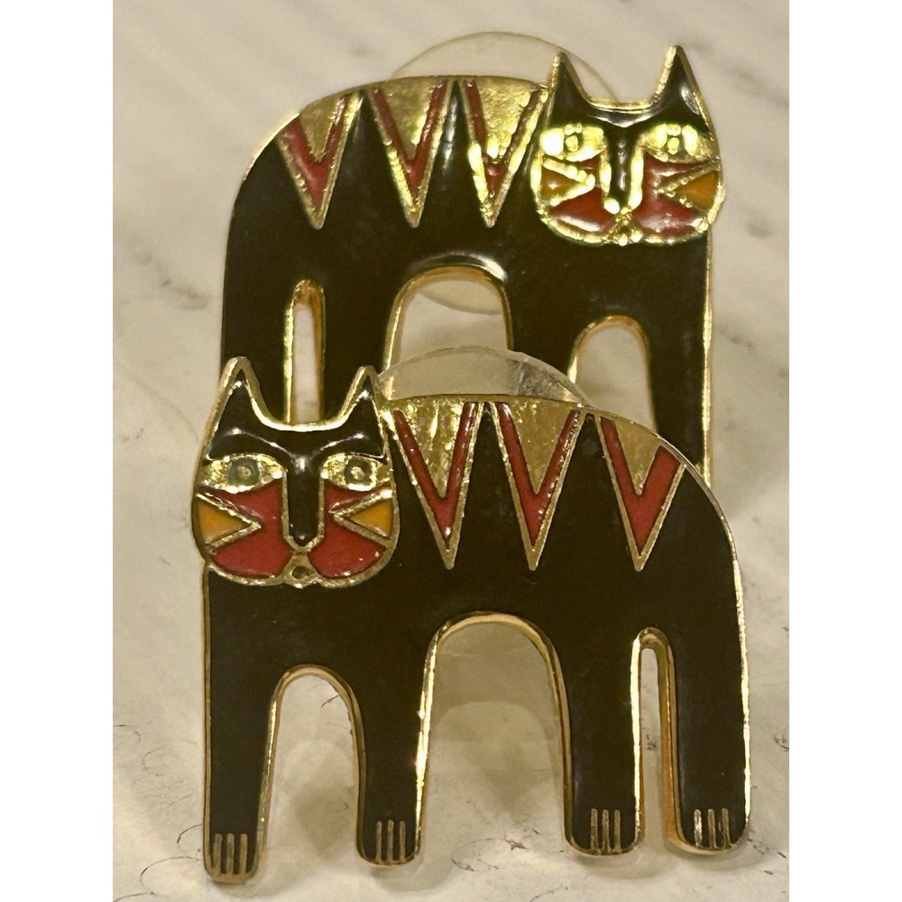 Laurel Burch‎ Cat Enameled Black/Red Post Earrings Signed Vintage Gold Plate
